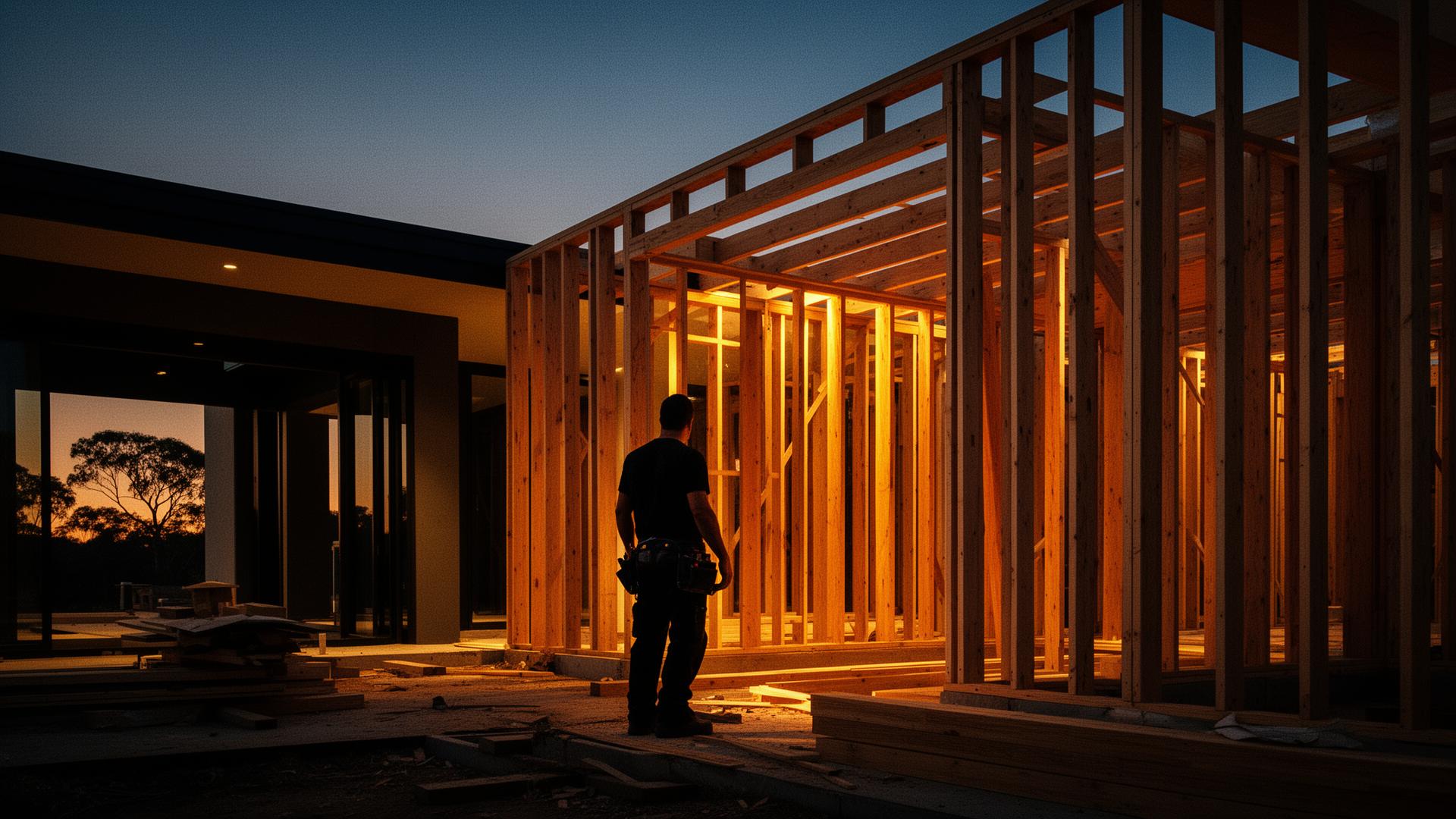 Master carpenter framing a luxury Australian home at dusk