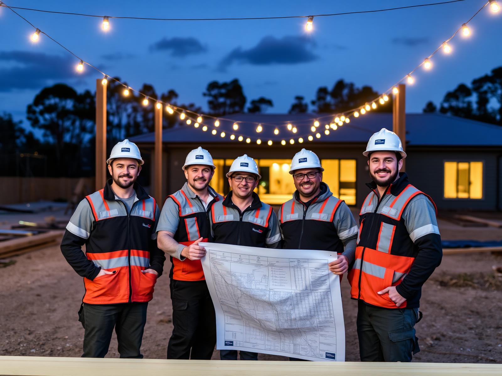 Titan Carpentry team on a build site at dusk